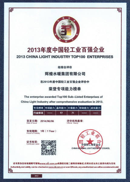 2013年度中国轻工业百强企业证书